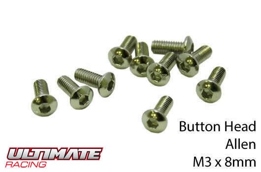 Ultimate Racing UR162308 Screws - Button Head - Hex (Allen) - M3 x 8mm (10 pcs)
