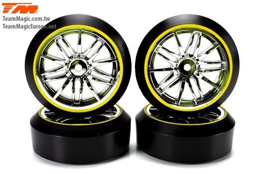 K Factory KF7625YH Tires - 1:10 Drift - mounted - Starlight Wheels Silver : Yellow - 12mm Hex - 45&d