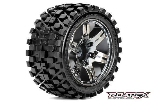 Roapex RXR2003-CB0 Tires - 1:10 Stadium Truck - mounted - 0 offset - Chrome Black wheels - 12mm Hex