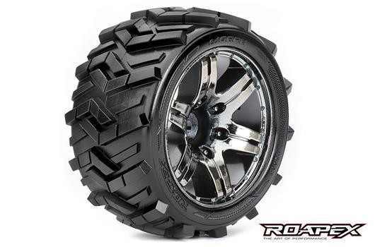 Roapex RXR2004-CB0 Tires - 1:10 Stadium Truck - mounted - 0 offset - Chrome Black wheels - 12mm Hex