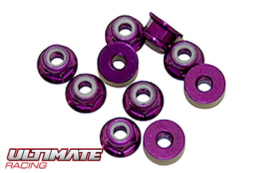 Ultimate Racing UR1503-P Nuts - M3 nyloc flanged - Aluminum - Purple (10 pcs)