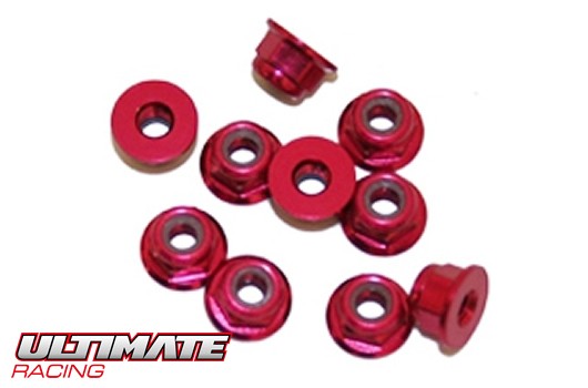 Ultimate Racing UR1503-R Nuts - M3 nyloc flanged - Aluminum - Red (10 pcs)