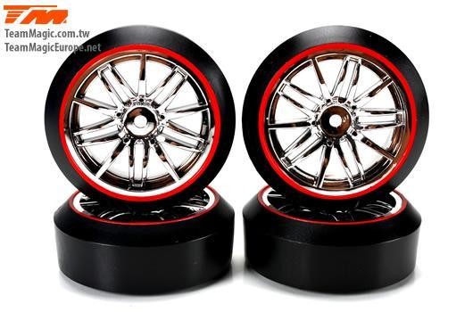 K Factory KF7625RH Tires - 1:10 Drift - mounted - Starlight Wheels Silver : Red - 12mm Hex - 45°